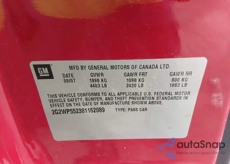 2008 Pontiac Grand Prix from USA, damaged, VIN 2G2WP552381162089